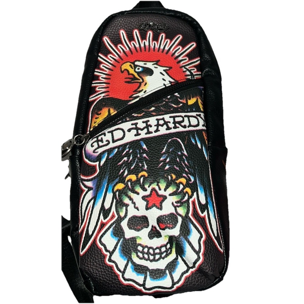 (20) Unisex Rare Ed Hardy Black Sling Bag Crossbody Black Skull, Eagle, New